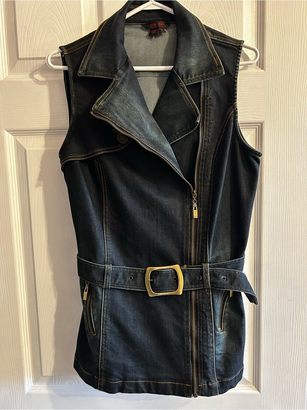 Simon Chang Dark Denim Vest with Brass Tone Hardware